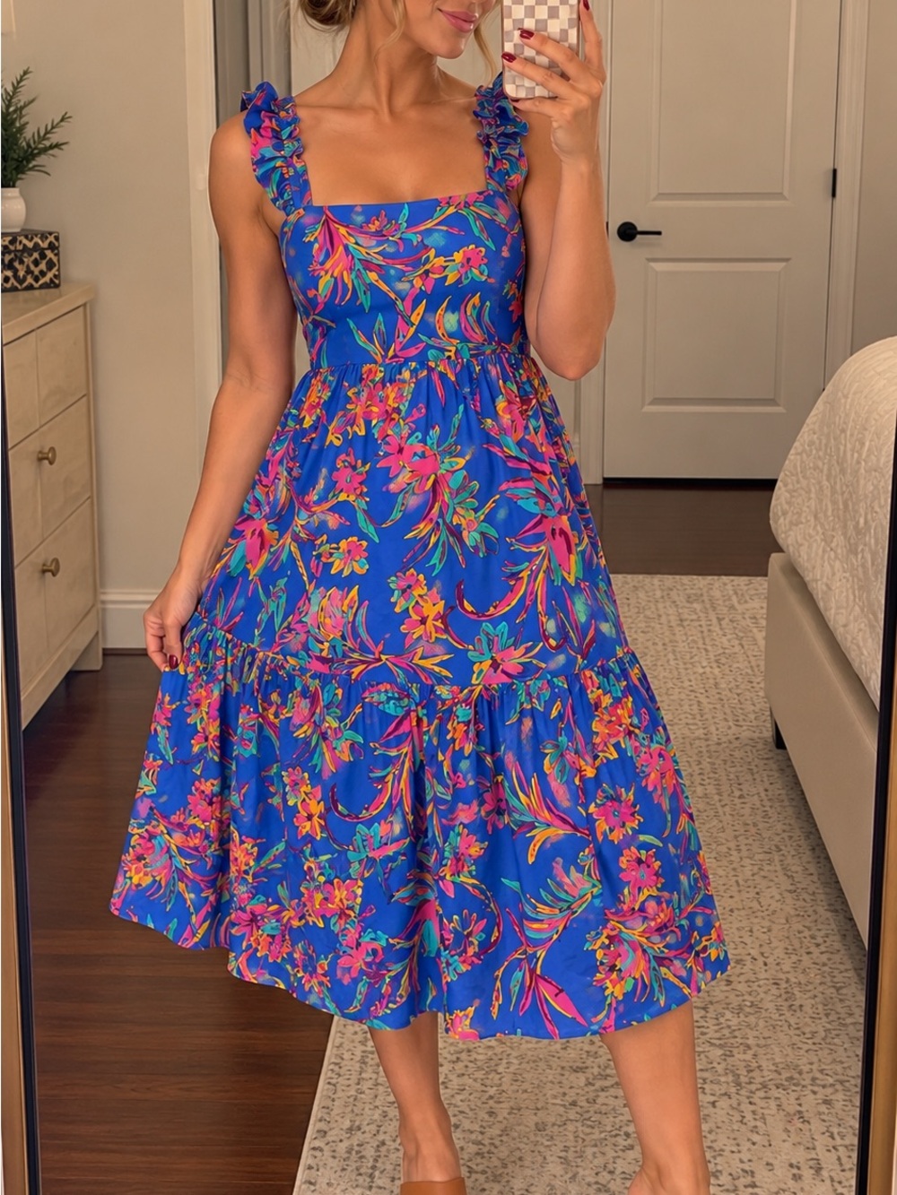 J Crew Tank ruffle midi dress blue floral multi size 6